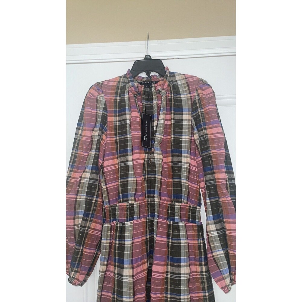Veronica Beard Women's Destiny Crinkle Plaid Dress size 4 NWT Olive/Pink V-Neck - Picture 3 of 8